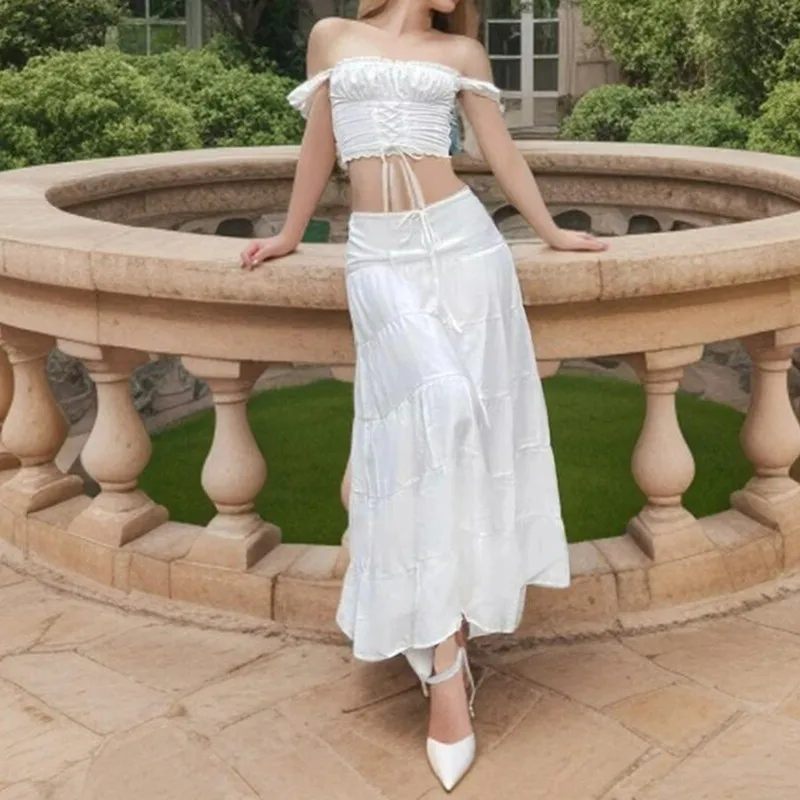 2024 White Spliced Lace Ruched Chest Corset Tank Top + Sexy Women Elastic Waist A-line Midi Long Cake Skirt 2 Pieces Set