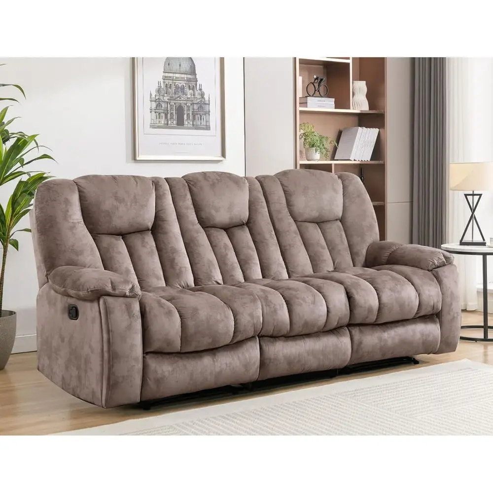 

3 Seater Reclining Sofa Set with Plush Armrests and Backrest, Living Room Furniture with Hidden Cup Holder, Apricot