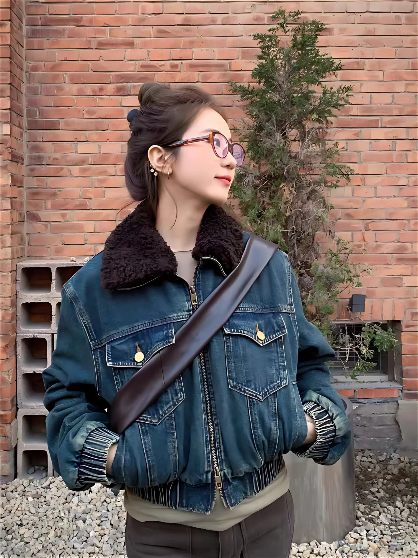 

Denim Coat For Women Dark Fur Plush Womens Fall Pleated Double-Faced Buttoned Slimming Outwears Preppy Style School Minimalist