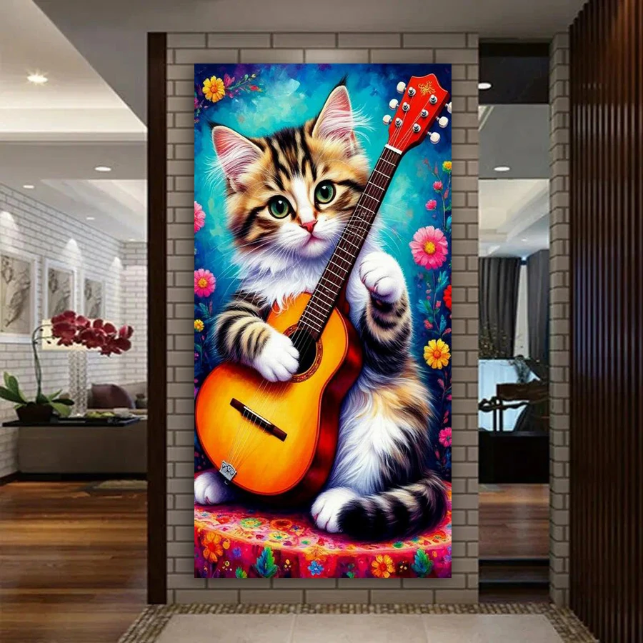 

Guitar Cat Picture Large Size Diy Diamond Art Painting Animals Full Square Round Drill Mosaic Embroidery Kits Wall Decor
