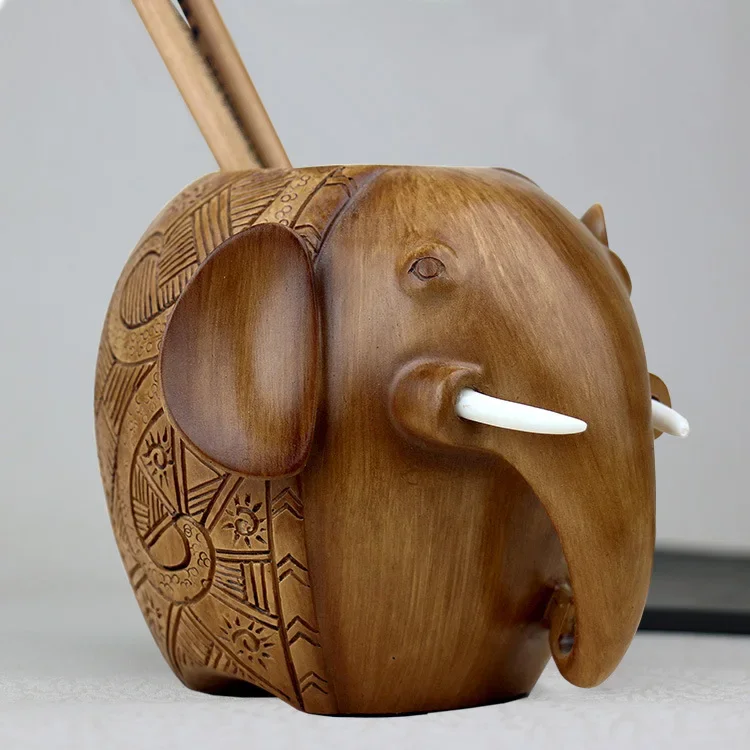 Elephant Pencil Holder Creative Wooden Carving Pen Holder Wooden Desk Pencil Holder Stand for Multi-Purpose Pencil Bowls