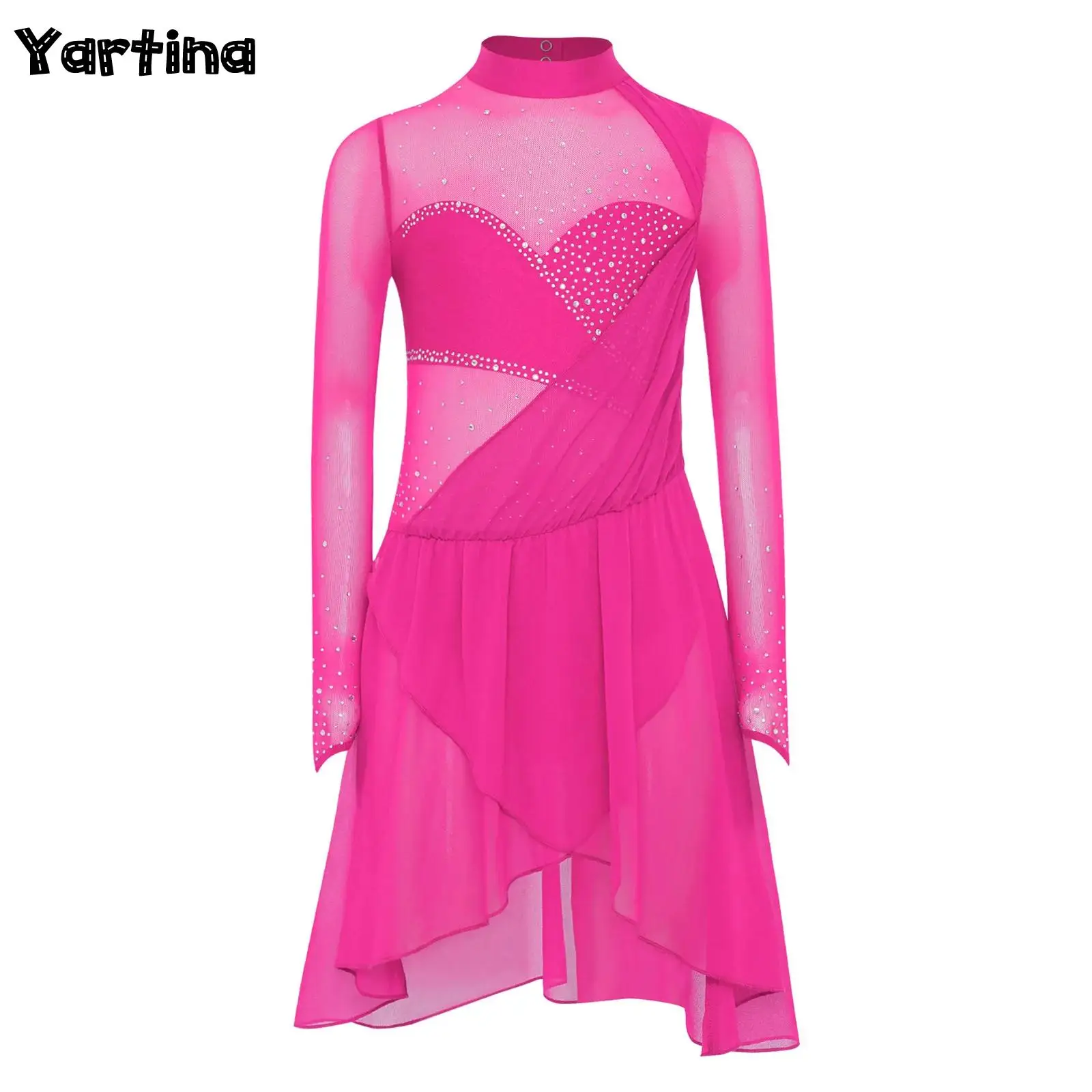 

Kids Girls Shiny Rhinestones Rhythmic Gymnastics Ballet Dance Leotard Sheer Mesh Tutu Dress Artistic Figure Skating Costume