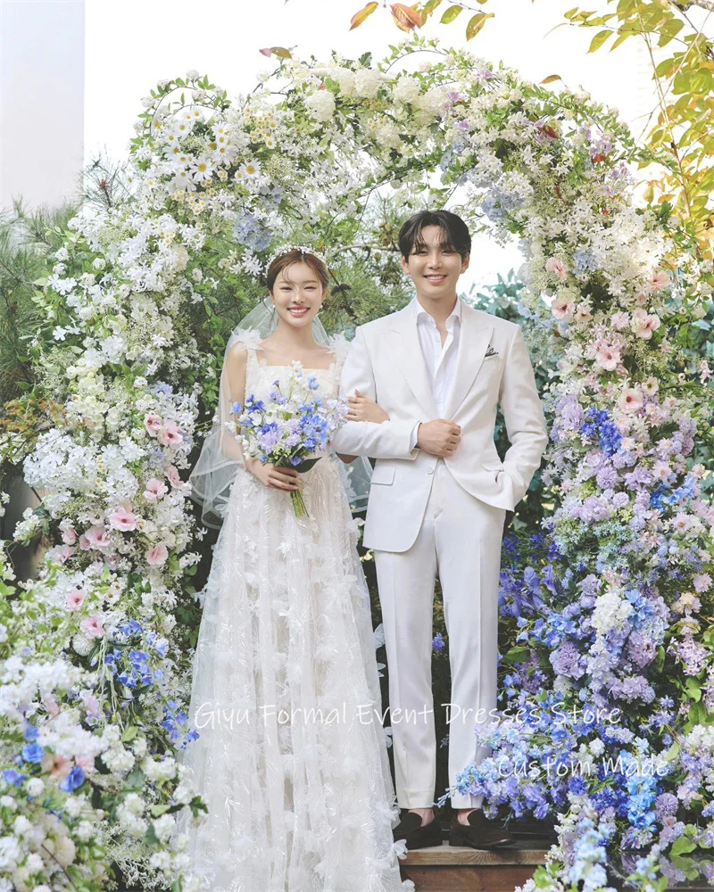 Giyu vestido de novia de encaje exquisito, línea A, Corea, sesión de fotos, correas de boda, hasta el suelo, vestido de novia, corsé, espalda, velo de matrimonio