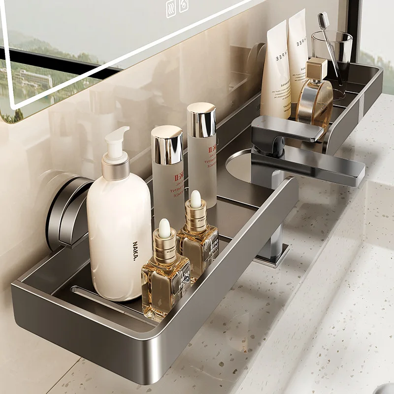 Suction Cup Aluminum Bathroom Faucet Shelf Mirror Front Shelf Organizer with Drainage Wall Mounted Storage Rack No Drilling