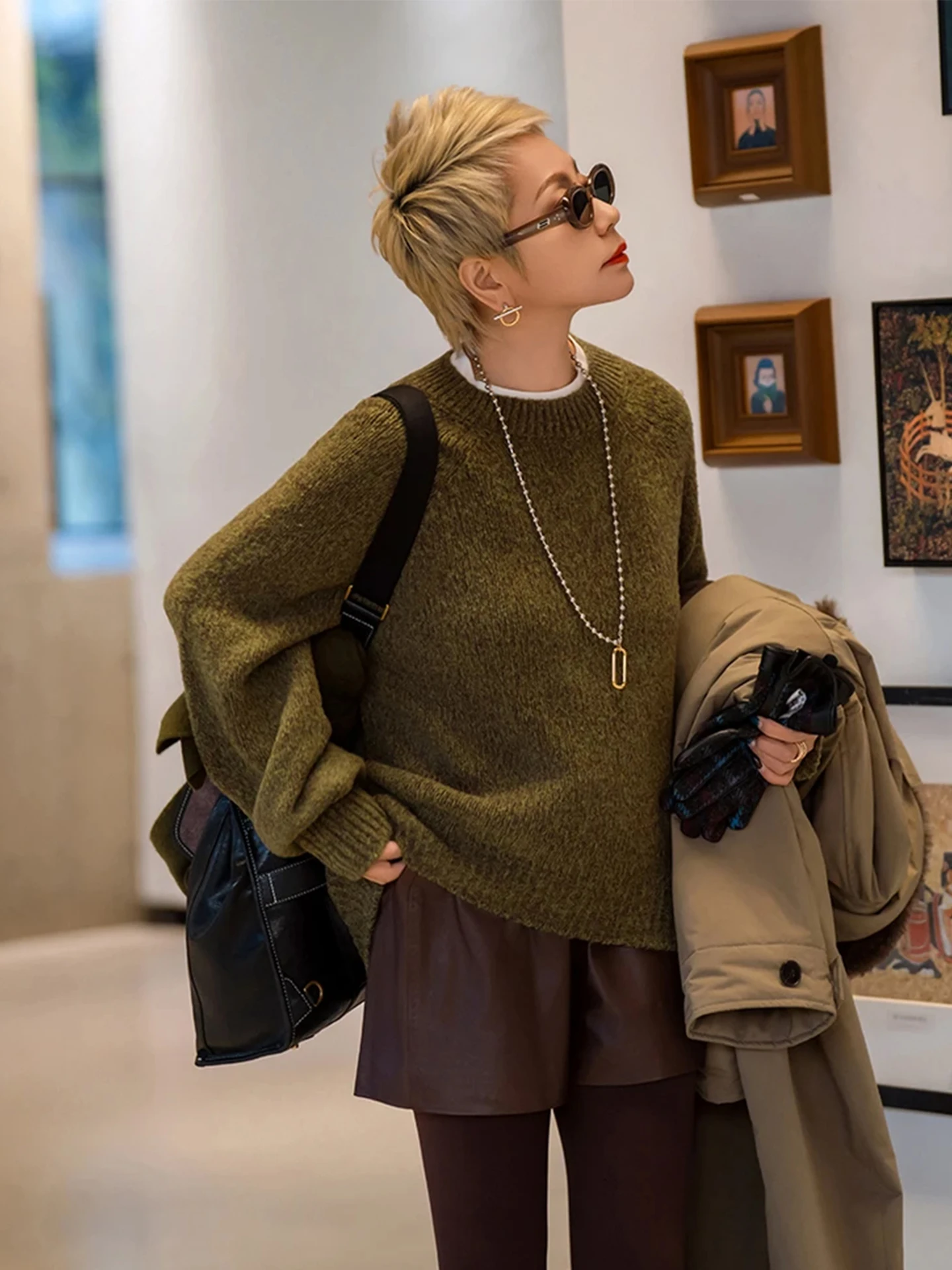 

Moxian MGX Lazy Casual Sle Knitted Woolen Sweater Long Sve Floral Silk High End Feeling Women's Loose Fit Spring Faion