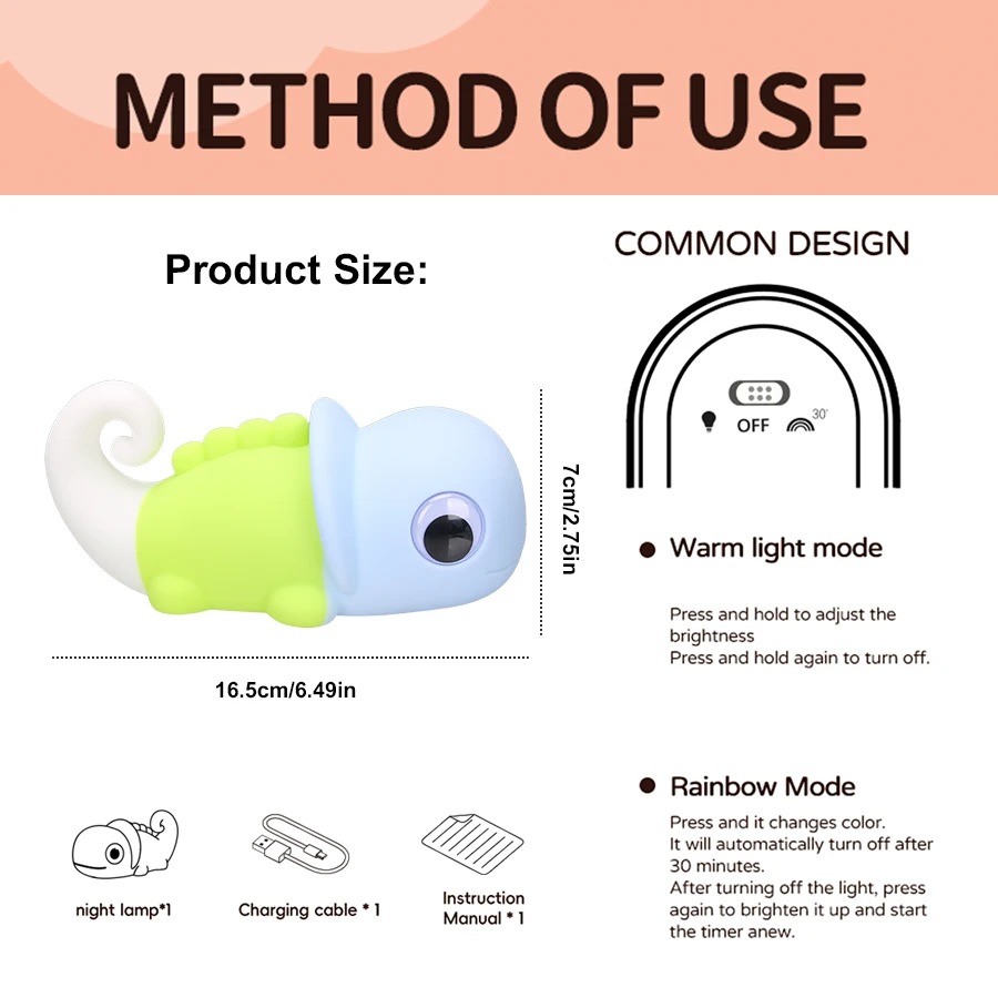 Cute Chameleon Night Light USB Rechargeable Silicone Lamp for Eye Protection and Soft Glow, Room Decor for Kids Reading Lamp