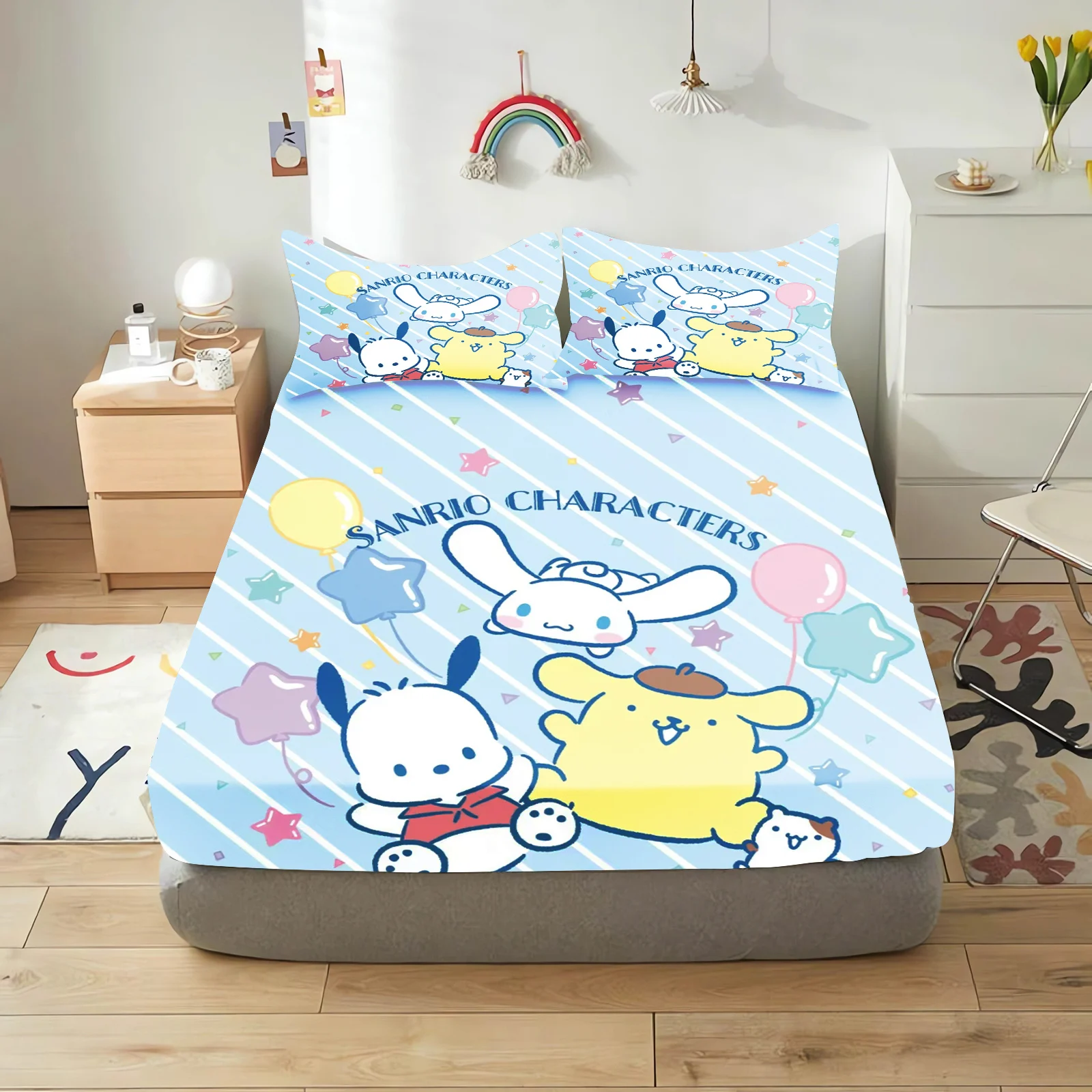 Sanrio Series Holle Kitty With Pillowcase Fitted Sheet 100% Polyester 2/3-Piece Set Cute Printed Cartoon Quilt Cover Anime Home