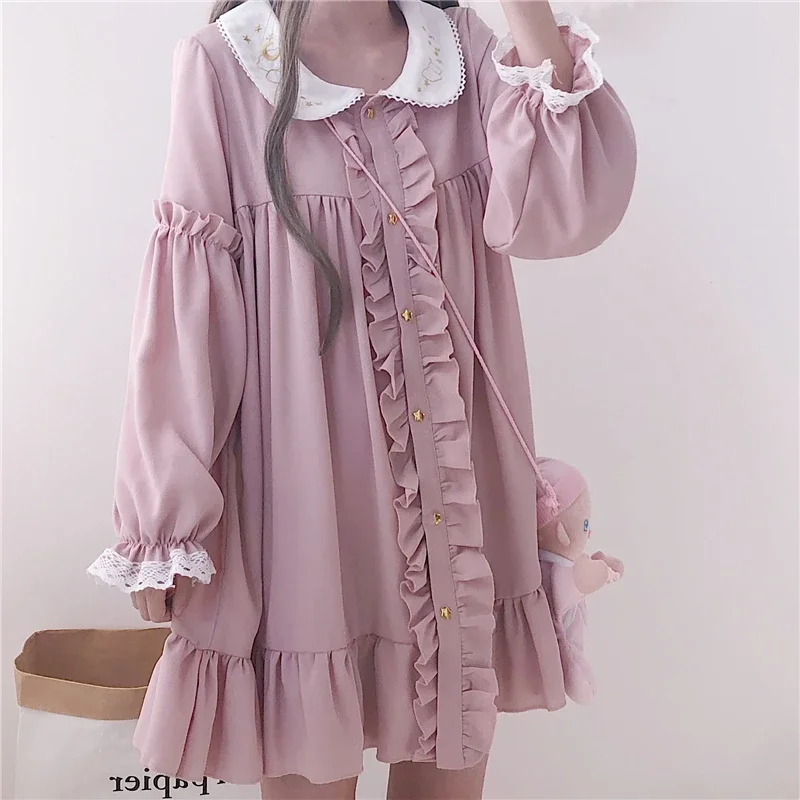 2022, wiosenna, jesienna sukienka damska Harajuku różowa damska wzburzona koronkowa naszywka sukienki kawaii Lolita cosplay słodkie luźne Vestidos ms47591