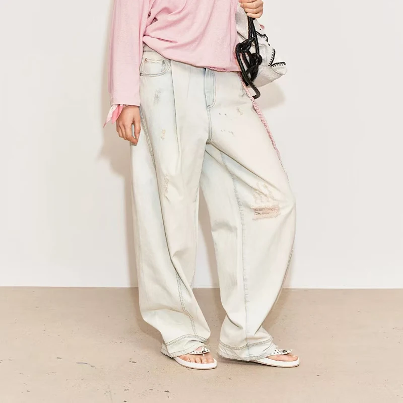 Women's pleated bleached jeans, washed and distressed wide-leg pants, high-quality cotton trousers, autumn, new style