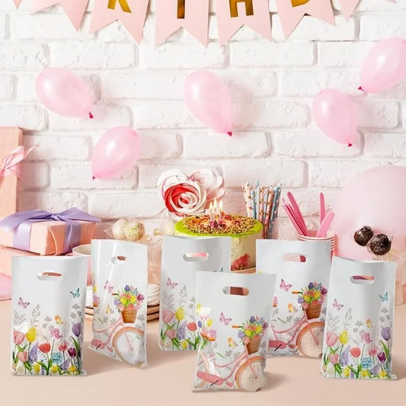 50/25 Stück Blumen-Tulpen-Partygeschenktüten – Blumen-Kunststoff, wasserdicht, Goodie-Tasche, Blüte, Schmetterling, rechteckig, Geschenkpaket zum Geburtstag