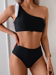 One Shoulder Bikinis 2026 Women Ruffle Swimsuit Solid High Waist Swimwear Female Padded Bathers Bathing Swimming Suit Beachwear