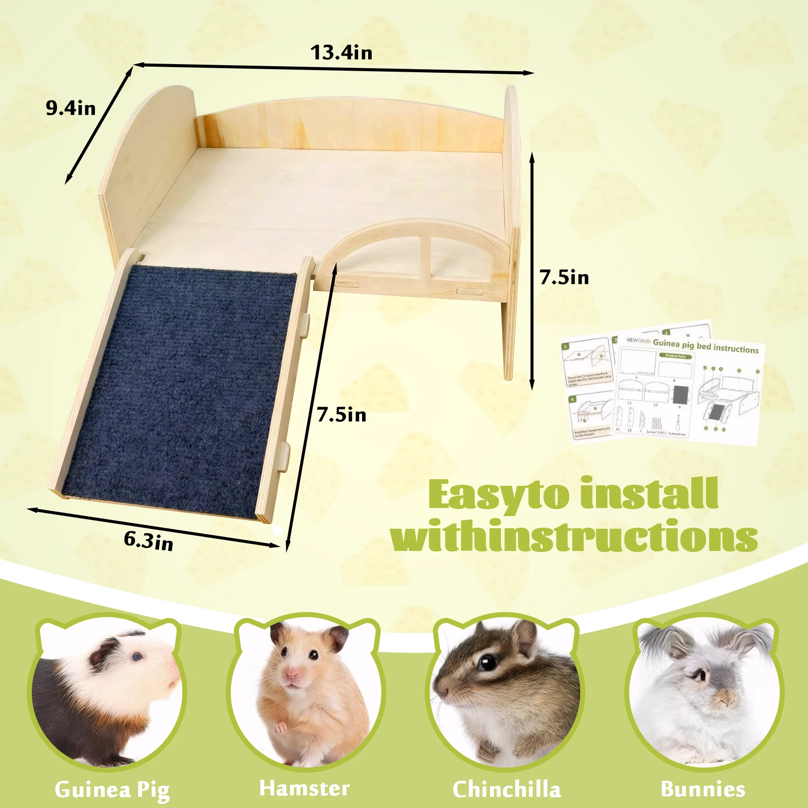 Guinea Pig Bed with Stable Stairs & Mat Wood Pet Toy Bed Washable Multi-Level Guinea Pig Castle for Hamsters Bunny Chinchillas view 6