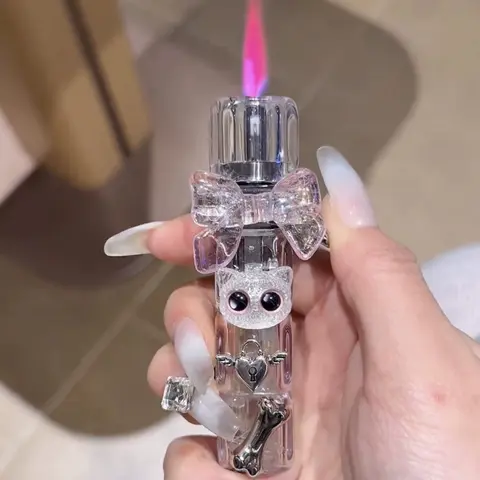 New Fashion Diamond Rotating Dice Inflatable Lighter Windproof Direct Spray Pink Flame Cute Kitten Outdoor Lighter Girl Gift