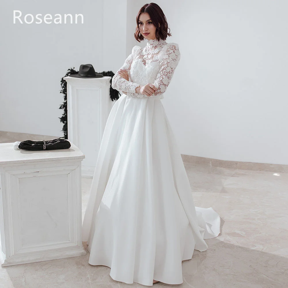 Muslim A-line Wedding Dresses High Collar Tulle Flowers Draped Pleat Applique Bride Dresses Floor Length Full robe de mariée