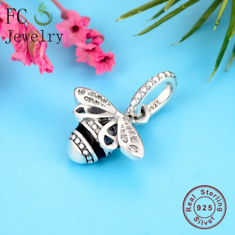 FC Jewelry Fit Original Brand Charms Bracelet 925 Silver Black Enamel Honey Bee Fly Zircon WingBead Making Spring Berloque 2020