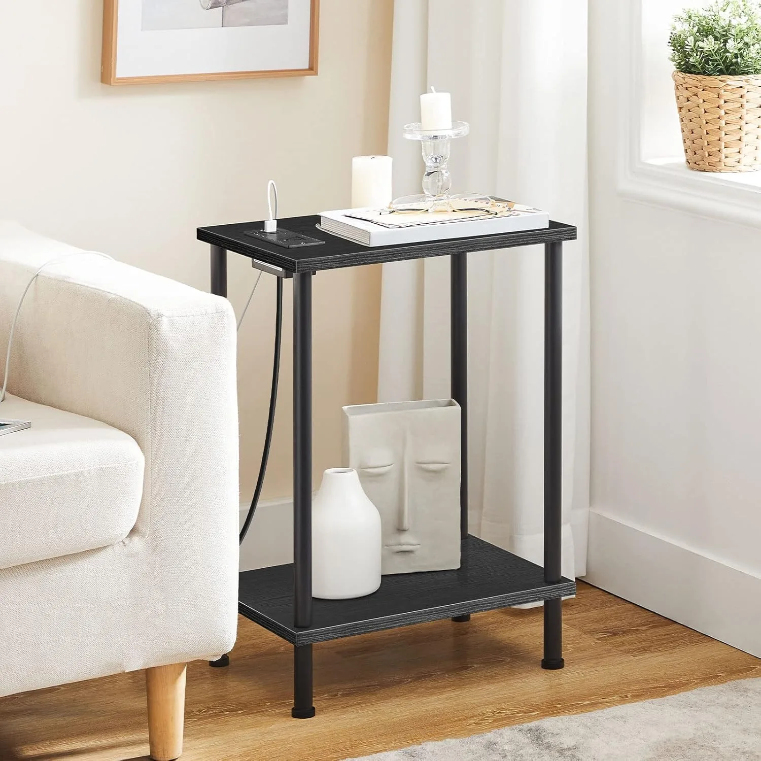 Side Table with Charging Station, End Table with USB Ports and Outlets, Nightstand with 2-Layer Storage Shelves for Small Spaces