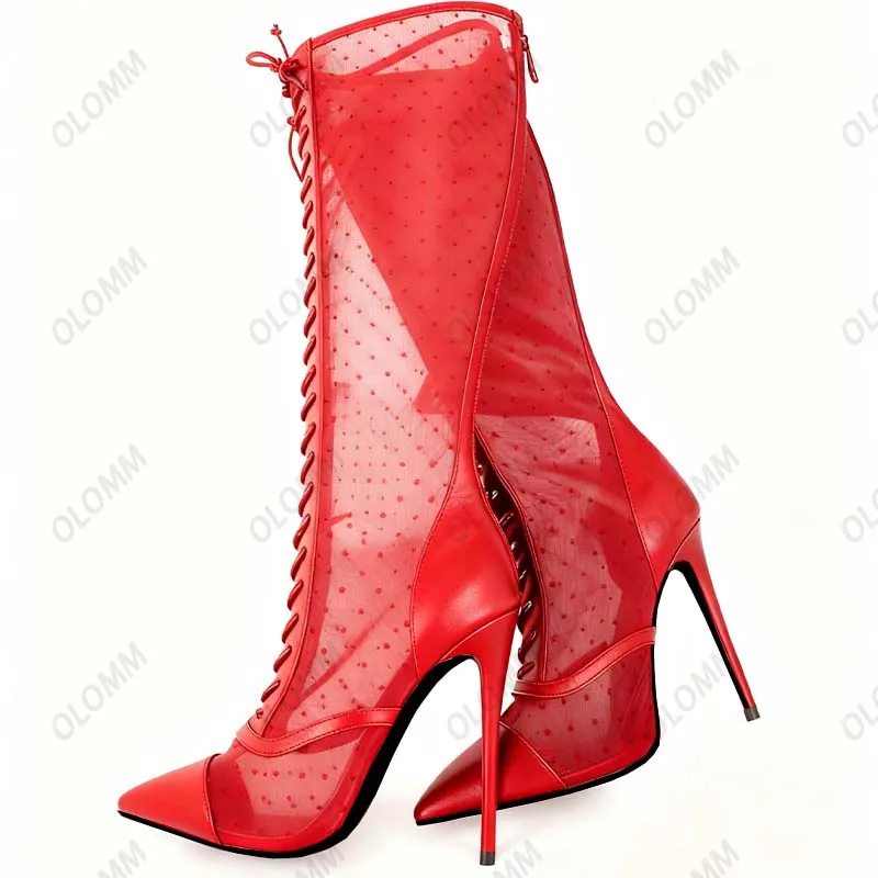 Olomm الحرفي وضعت بقماش شفاف الأحذية السوداء البولكا نقطة نمط الركبة طول الدانتيل متابعة تصميم عالية الكعب أحذية الموضة حجم 5-15 #4