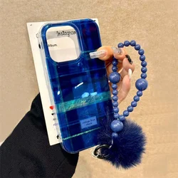 Whirlpool pattern Klein blue splicing grid pattern phone case with Plush ball chain for iPhone 11 12 13 14 15 16 pro max
