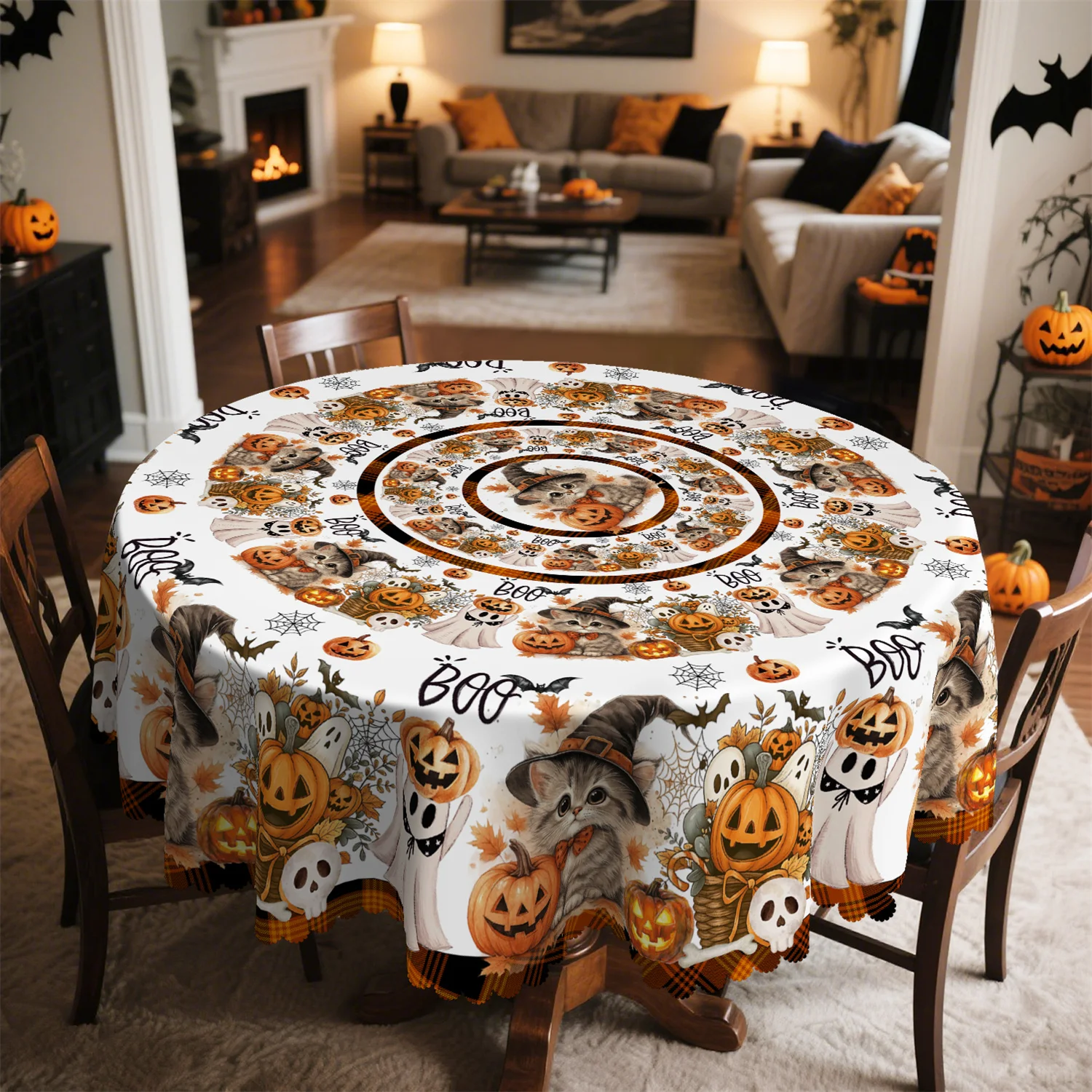 Cute Jack-o'-Lantern Cat Witch Hat Basket Branches for Halloween Tablecloth, suitable for rectangular and round dining tableszyc