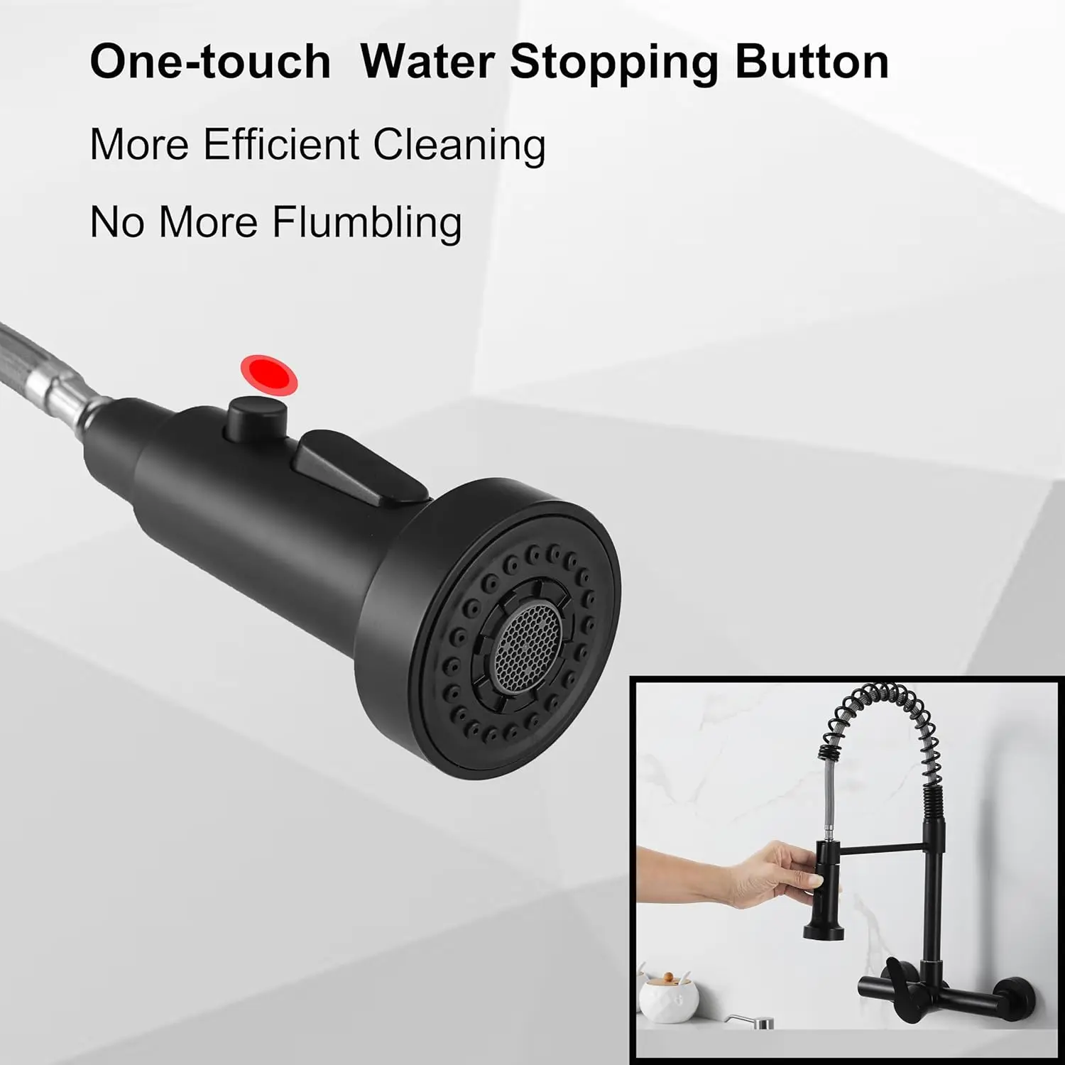 صنابير المطبخ المثبتة على الحائط، صنبور المطبخ المثبت على الحائط مقاس 8 بوصة مع بخاخ، أسود غير لامع #4