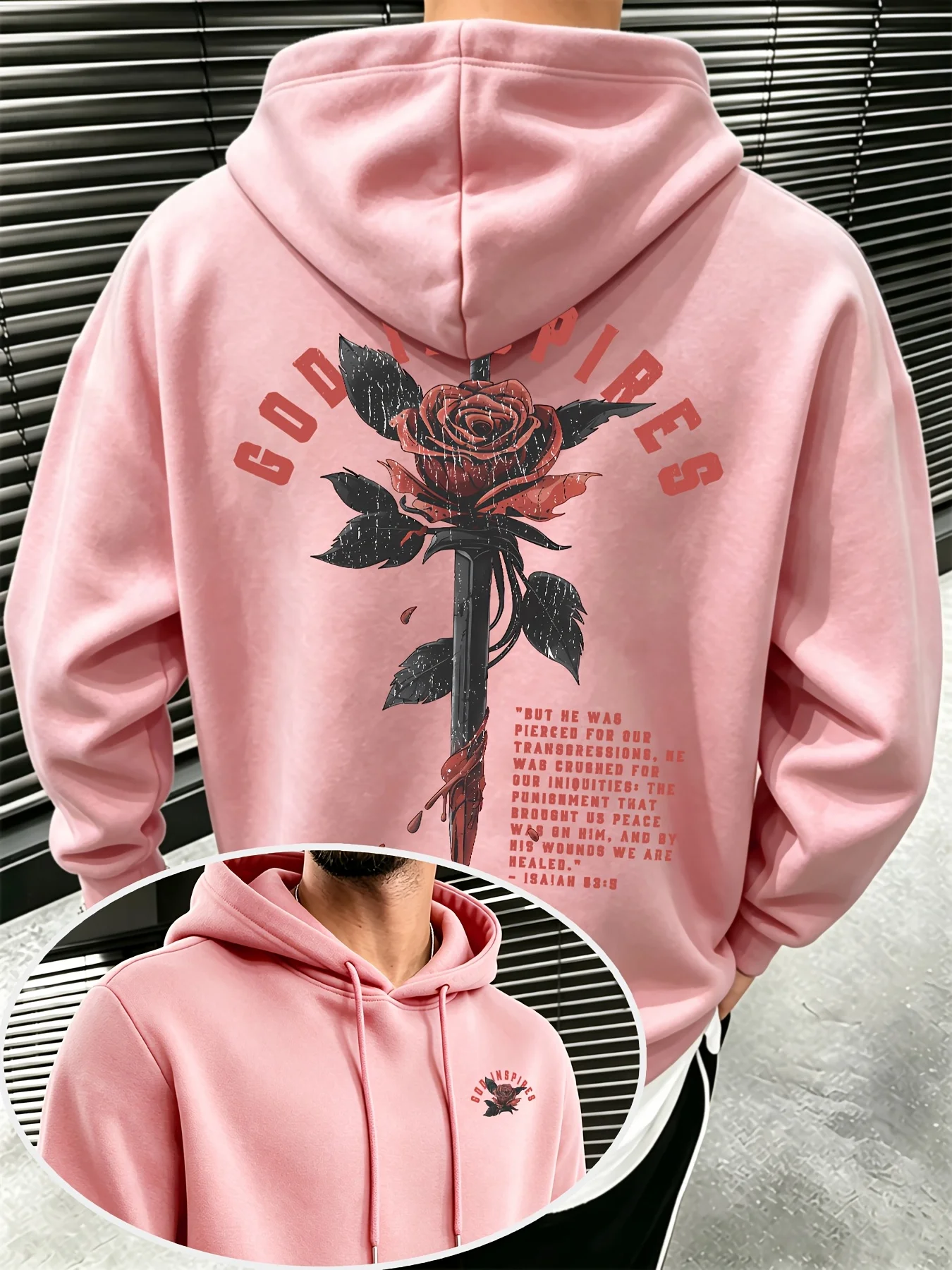 Autumn/Winter Halloween Couple Street Style Retro Rose Sword Pattern Bible Text Print Casual Hooded Sweatshirt