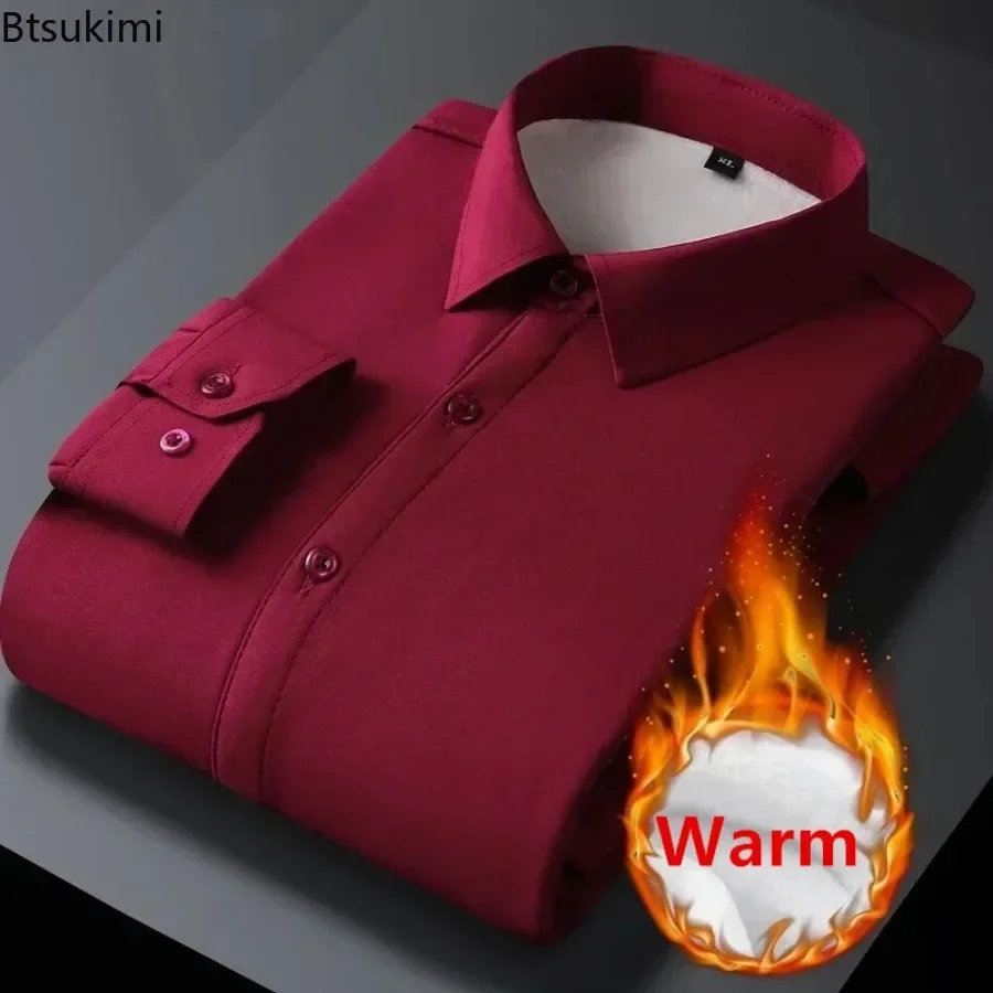 2024 Men's Classic Solid Business Casual Dress Shirt Autumn Winter Thick Fleece Warm Shirt Men Formal Social Shirt Large Size5XL