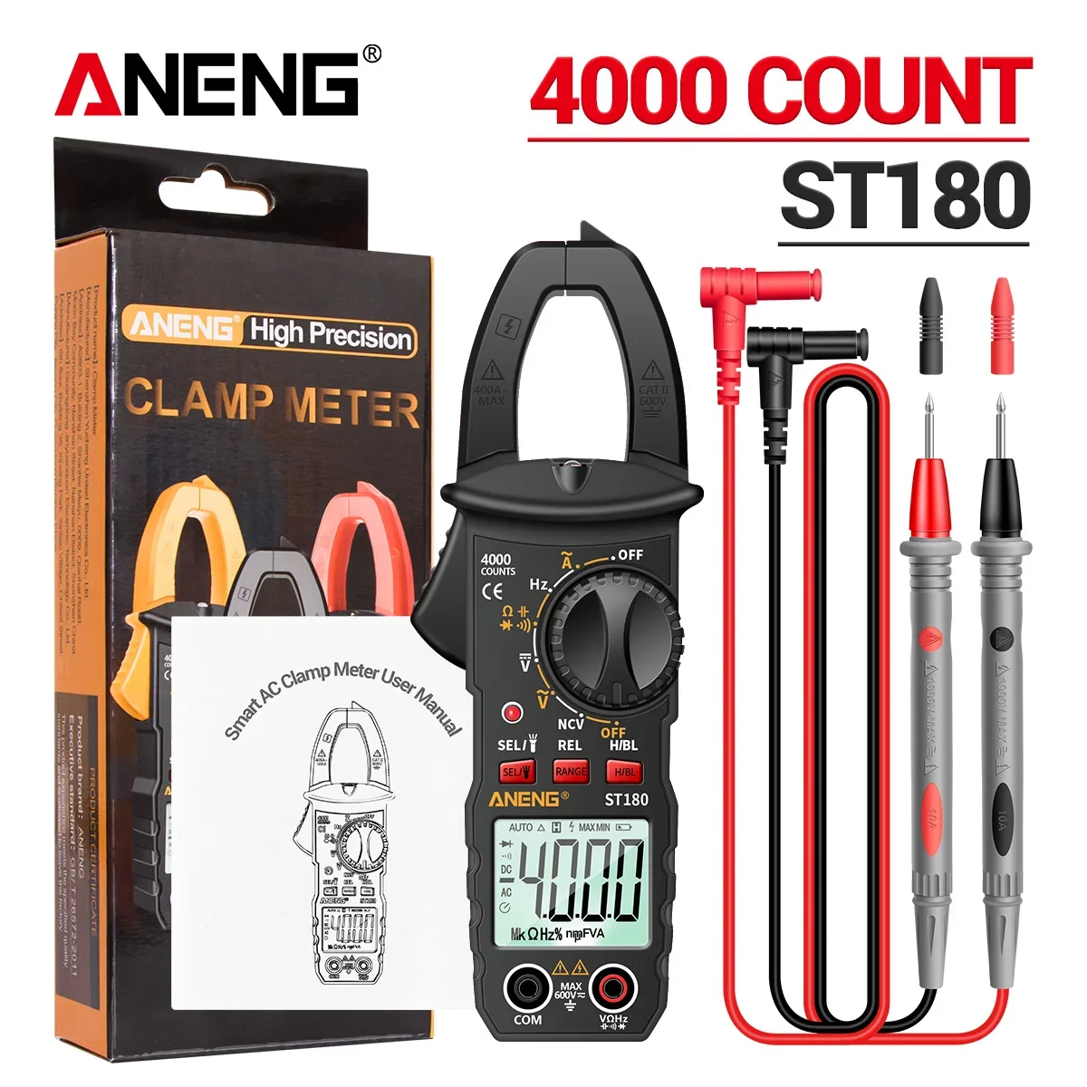 

ANENG ST180 4000 мультиметр, амперметр, цифровые клещи, тестер переменного тока, напряжения, автомобильный усилитель, Гц, емкость, NCV, инструмент