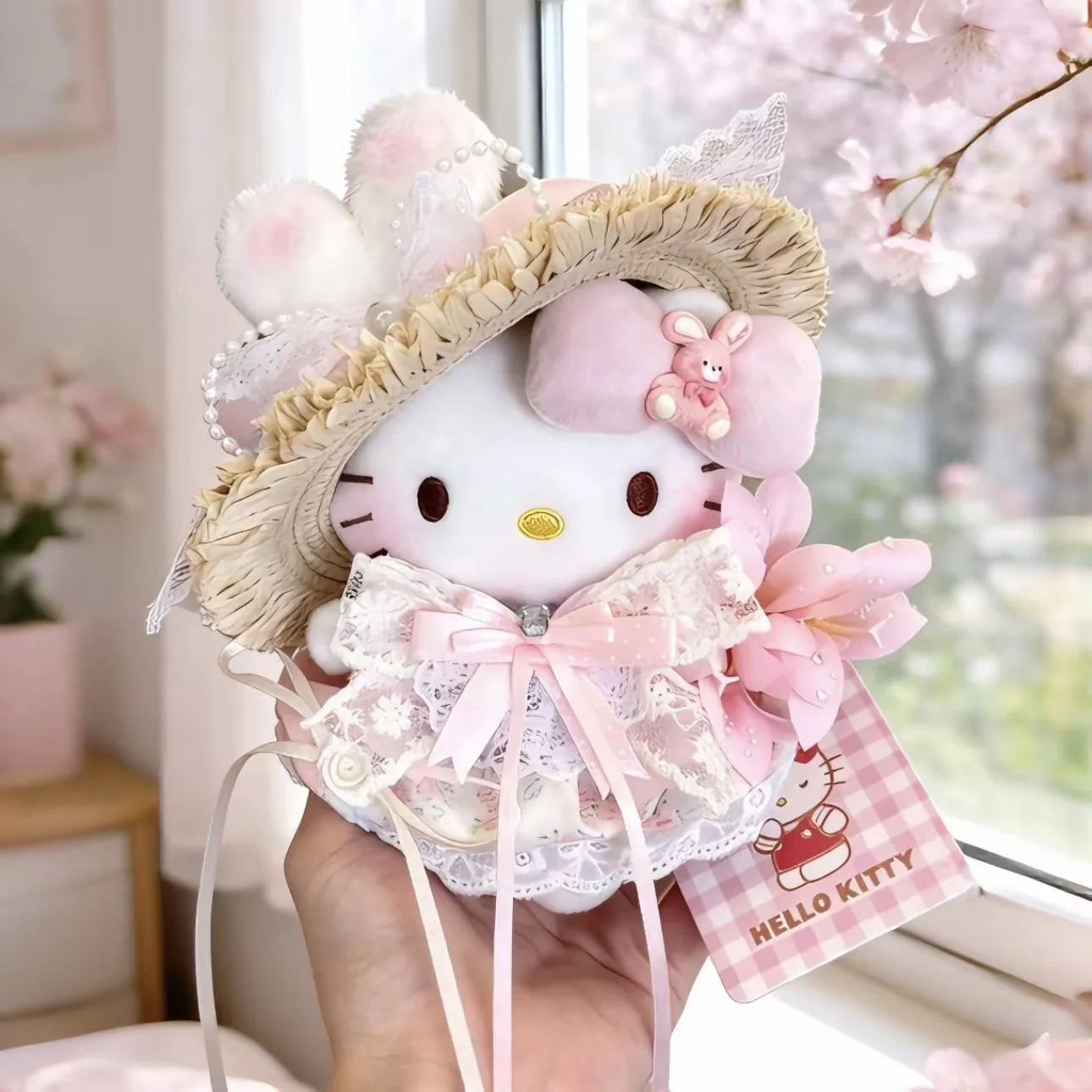 

Sanrio Hello Kitty Plush Keychain with Straw Hat and Rabbit Ears Lace Bow and Sakura Design Cute Doll Pendant for Girls