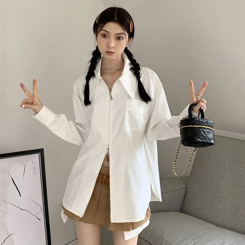 

Дизайнерская двойная верхняя одежда, белая рубашка-поло с воротником-поло и длинными рукавами, женский осенний нишевый топ с внутренней стороны