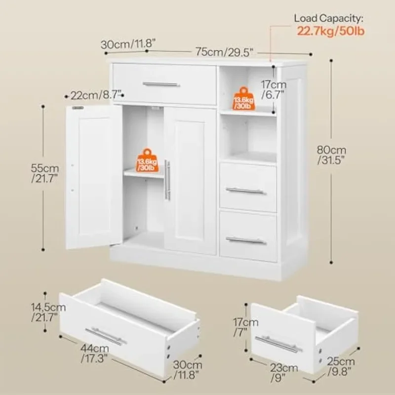 Freestanding Bathroom Cabinet, Bathroom Storage Cabinet with Drawers, Bathroom Organizer with 2 Adjustable Shelves