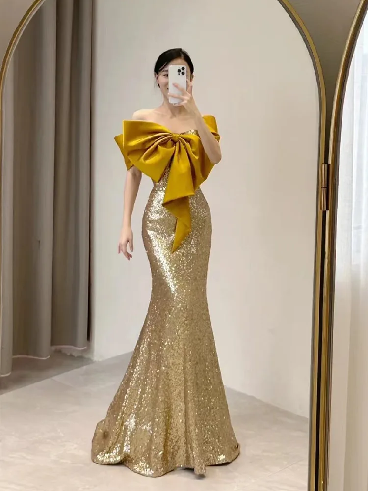 prom Golden Evening Women's Sense Banquet Host High-End Affordable Luxury Niche Annual Meeting Sequined Fishtail Dress Toa