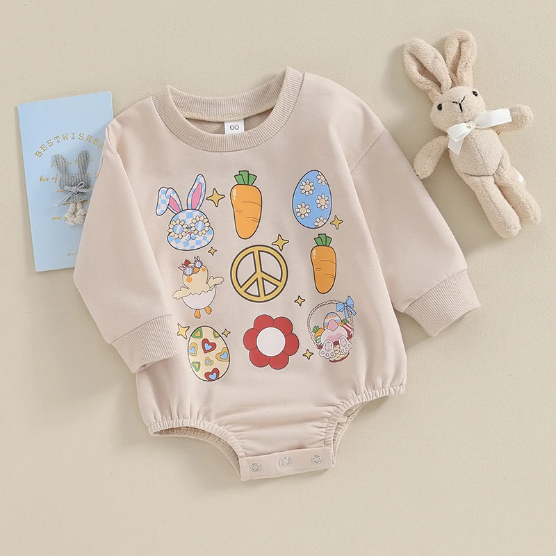 Combinaison de lapin de Pâques pour bébé, manches longues, col rond, imprimé carotte et œuf, barboteuse décontractée pour tout-petits, bébés garçons et filles