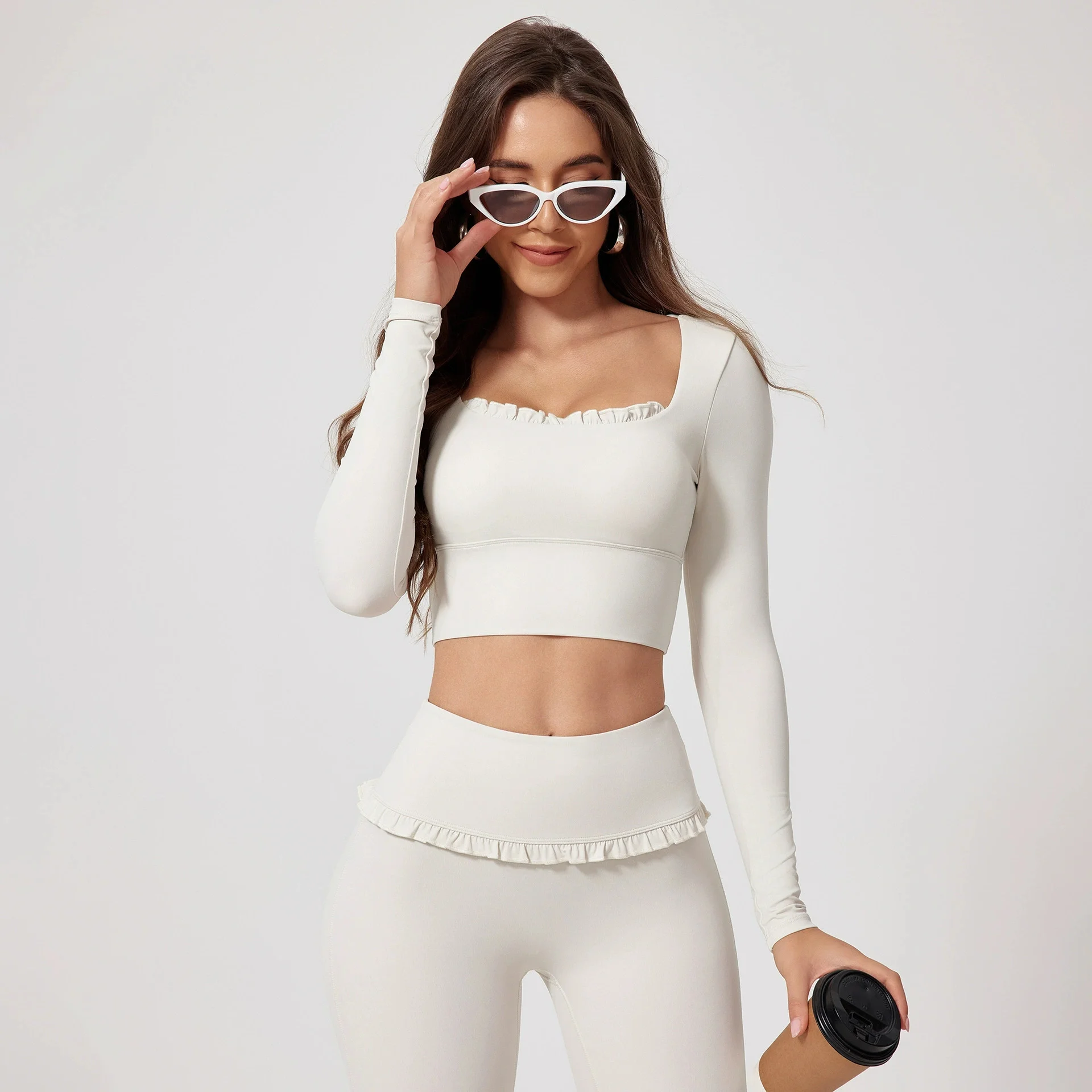 Women Shirts Long Sleeve For Yoga Crop Top Square Neck Workout Clothing With Chest Pads Fitness T Shirts Sportswear