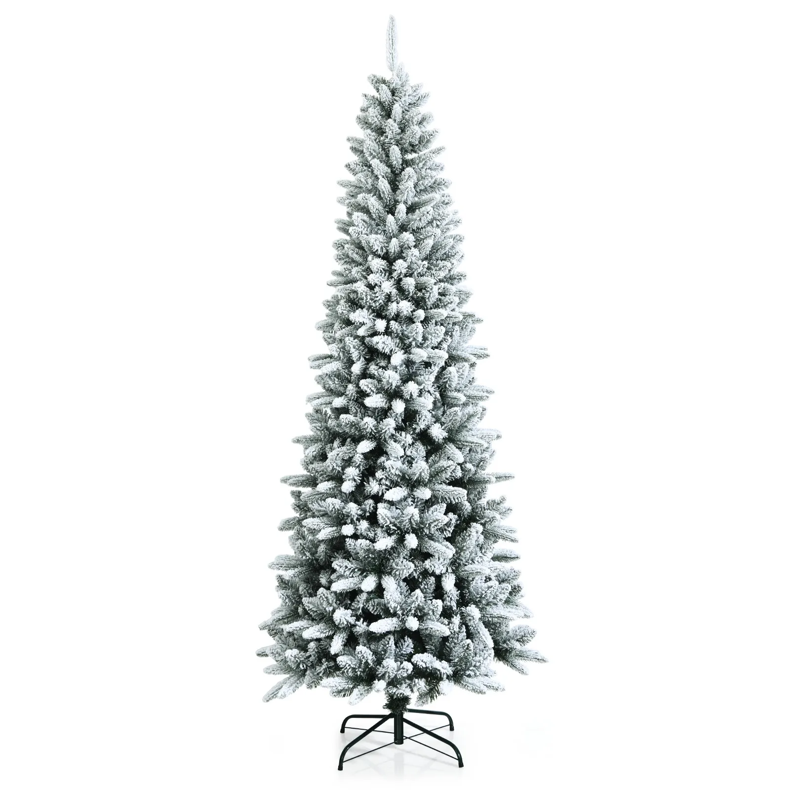 

7.5ft Snow-Flocked Hinged Artificial Christmas Pencil Tree w/ 1189 Mixed Tips