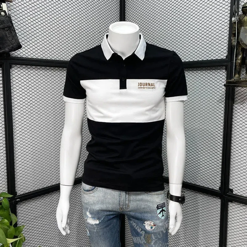 POLO Shirt Men's New Fashion Brand Slim Lapel T-shirt Summer Trendy Youth High-end Splicing Contrasting Color Short Sleeves