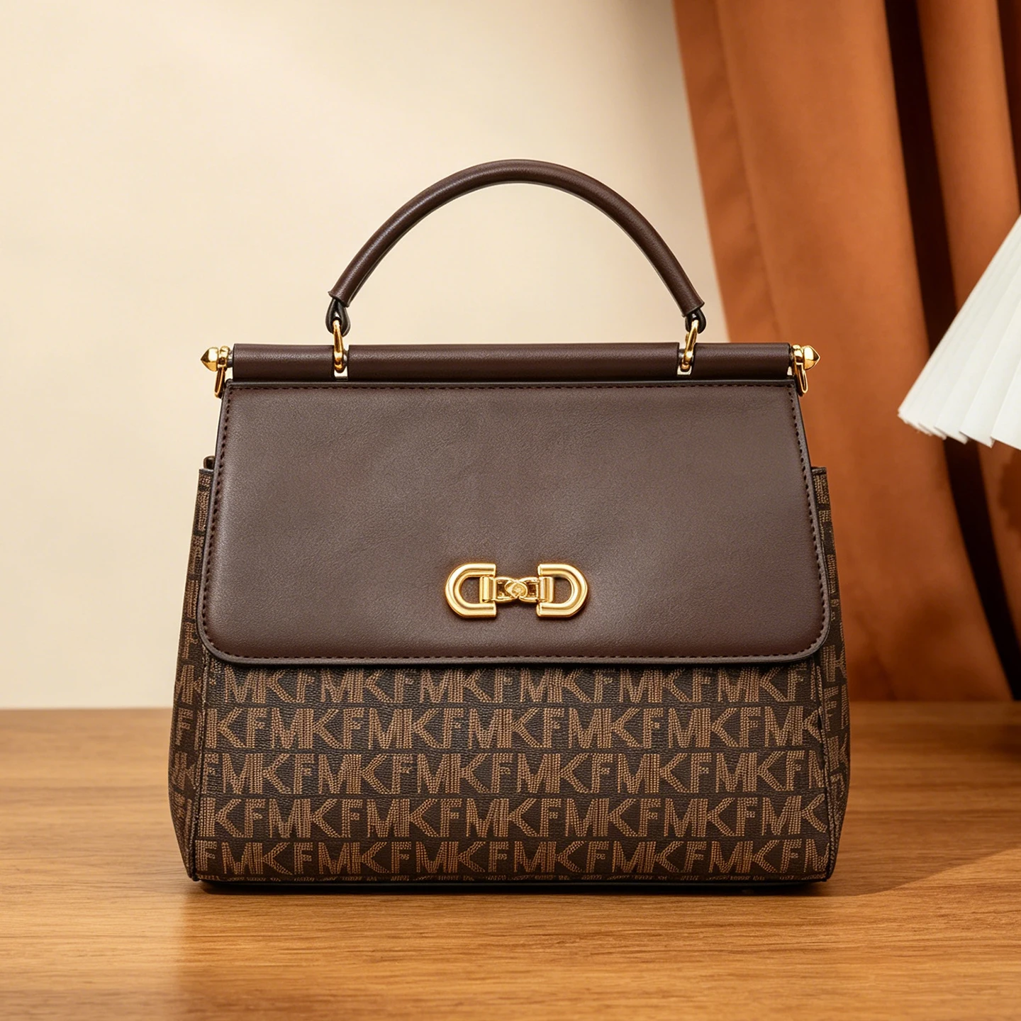 Women's Vintage Flap Handbag, with Mkf Lettering Printed All Over, Solid Color Contrasting Flap Design with Double D Metal Lock Buckle, Reinforced Short Handle with Detachable Adjustable Long Shoulder Strap, Two Carryi