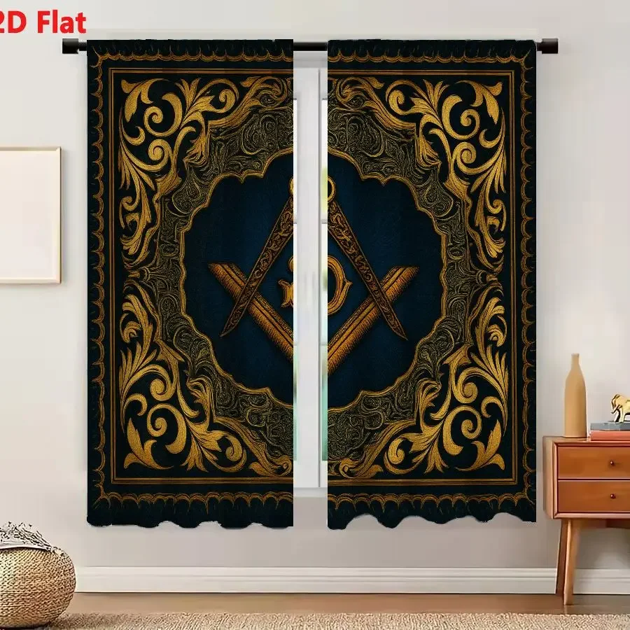 Elegant Royal Crest Curtain Pair Dark Blue Gold Baroque Style Living Room Window Drapes