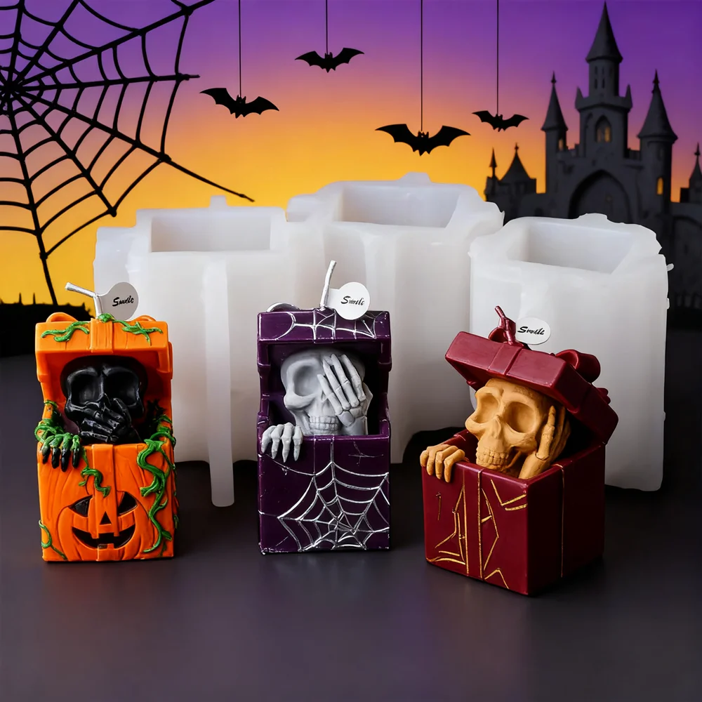 3D Gruseliger Totenkopf Geschenkbox Silikonform Halloween DIY Kein Hören Kein Aussehen Kein Sprechen Kürbis Totenkopf Aroma Gips Seifenwerkzeug Home Decor