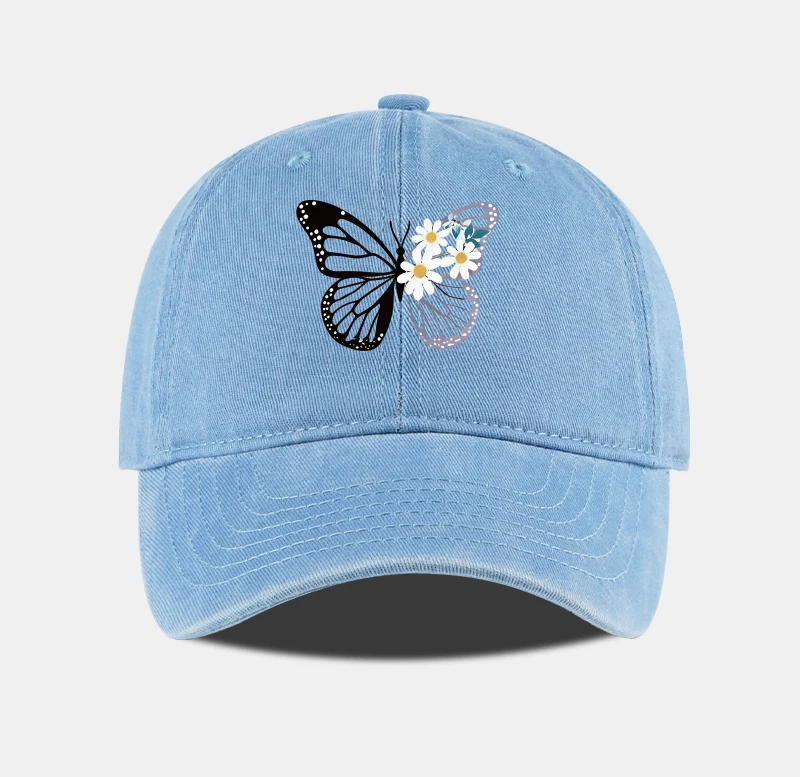 Gewaschene Baseballkappe mit Schmetterlings- und Gänseblümchen-Print – verstellbarer Unisex-Retro-Sonnenhut mit Blumenmuster, perfekt für Camping und Urlaub – Detail 6