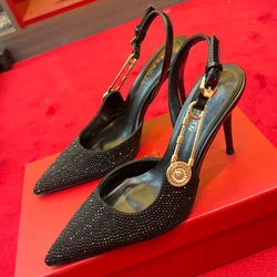 Celebrity Temperament Crystal High Heels Women's Stiletto Heels 2024 New Autumn Black Sexy Rhinestone French Pointed Toe Shoes