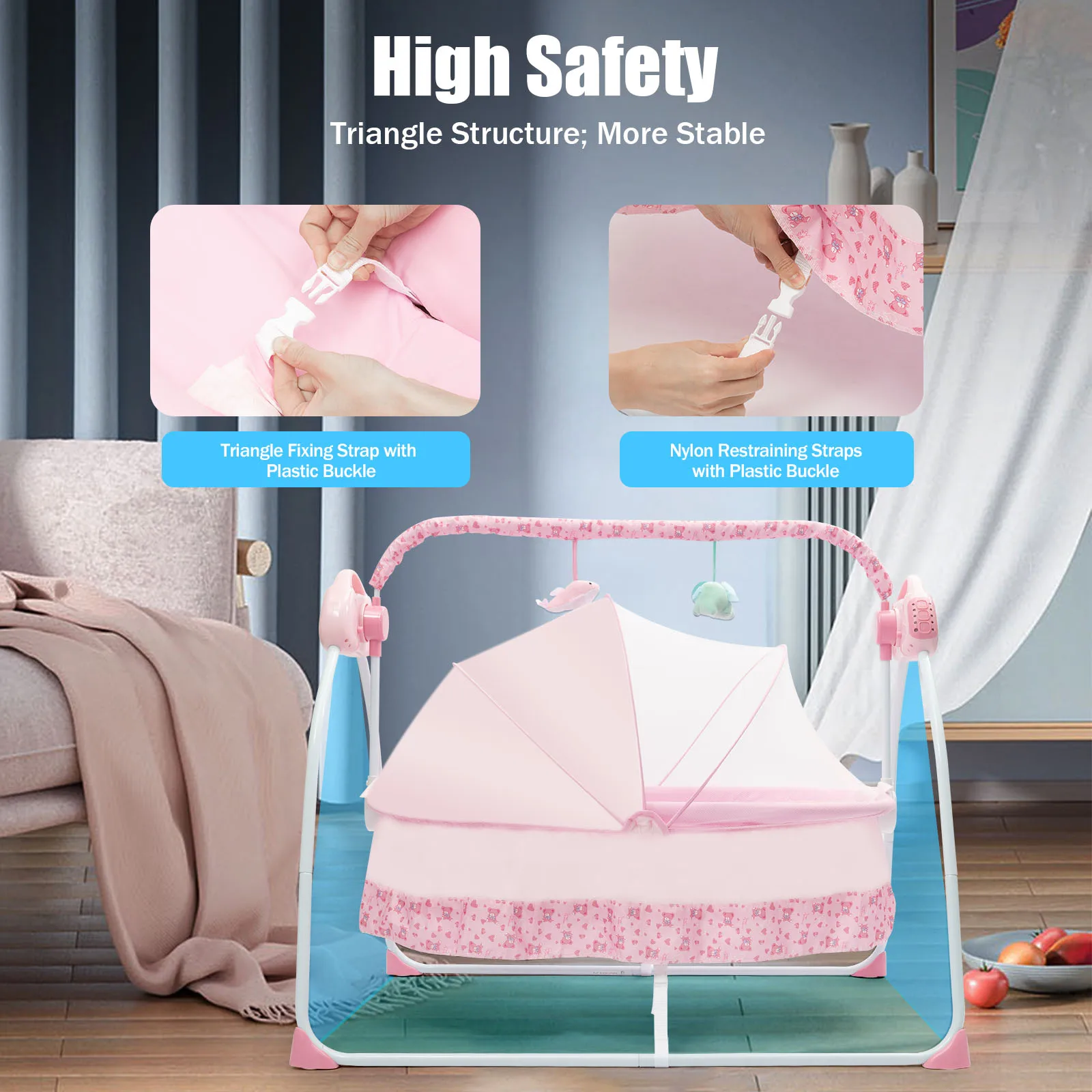 Electric Baby Crib Cradle, 0-18 Monthsinfant Bed, 25kg/55lbs Capacity, Foldable Baby Cradle Swing for Home/Travel（pink）