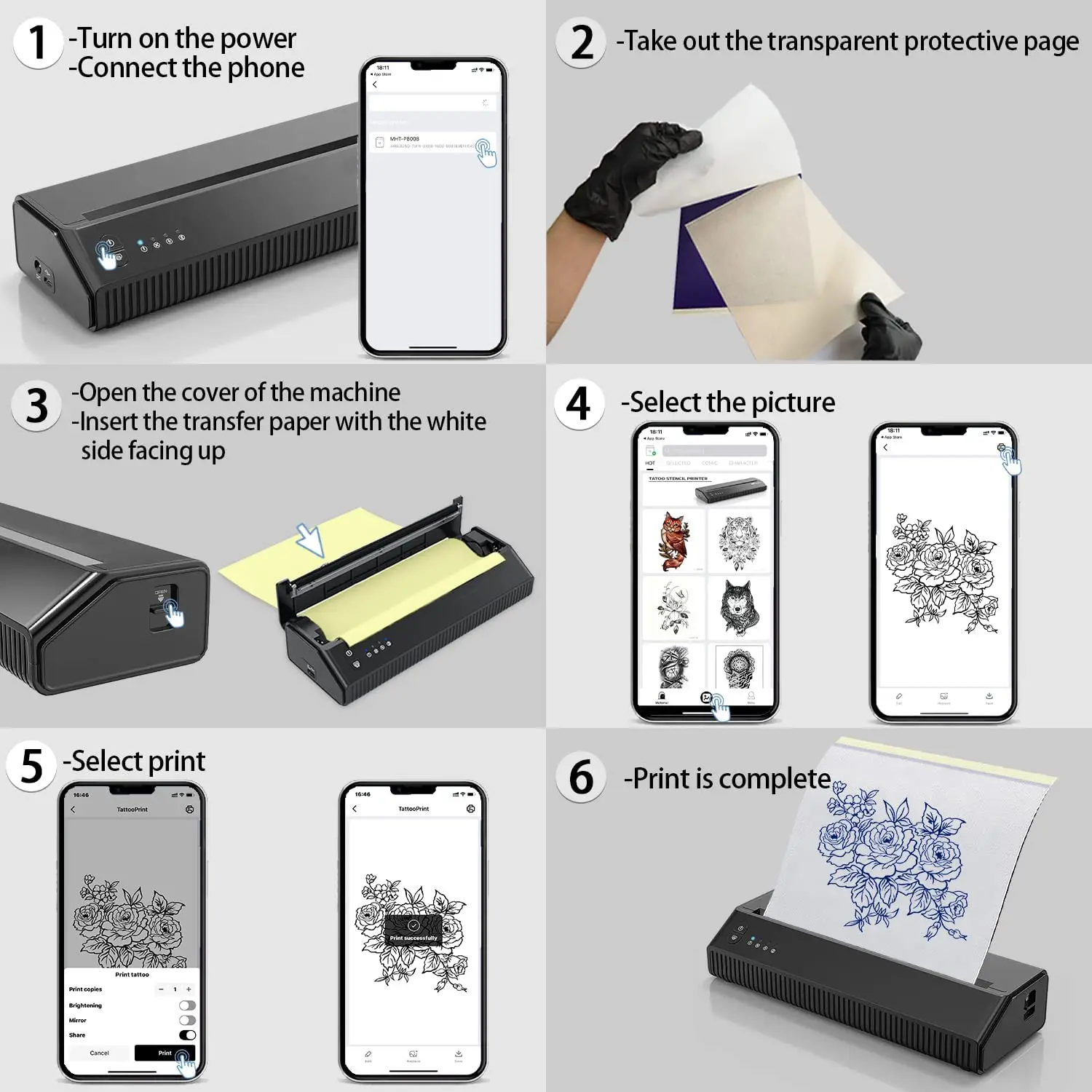 Portable Wireless Tattoo Transfer Stencil Machine Copier Printer Thermal Tattoo Kit Copier Printer ​Android and iOS Phone&Laptop