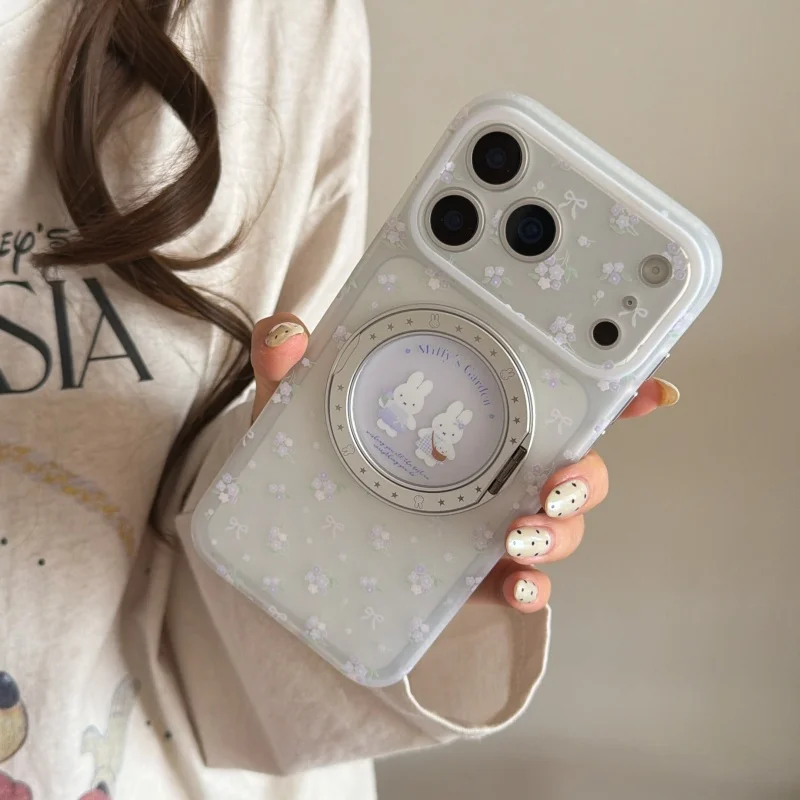

Korean Purple Flower Print Miffy Rabbit Ring Stand Phone Case For iPhone 17 Pro 16 15 14 Pro Max Protective Cover Cute Cartoon C