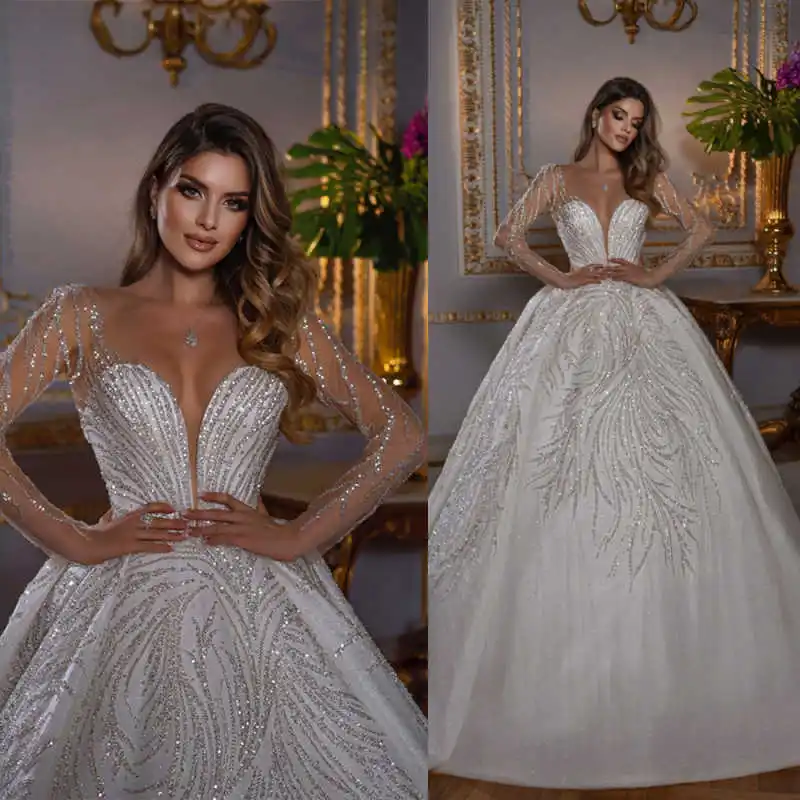 Sparkly A-Line Wedding Dress V-Neck Bridal Shine Sequin Ball Gowns Dress Appliques 3D-Lace Vestina De Novia Plus Size Customized