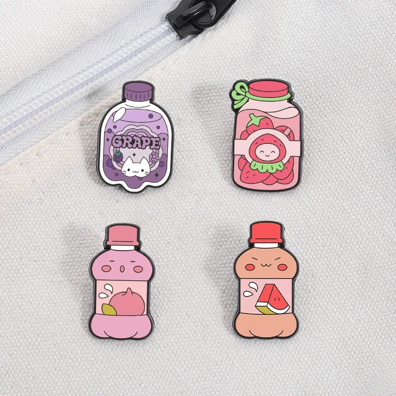 Cartoon Juice Beverage UV Printing Pins Strawberry Grape Peach Watermelon Juice Brooches Lapel Badge Jewelry Gifts for Friends