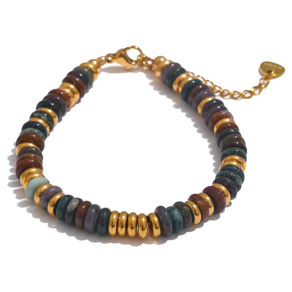 Yhpup Colorful Natural Stone Beads Chain Handmade Bracelet Bangle Waterproof Bohemia Stainless Steel Y2K Trendy Jewelry Gift image 3