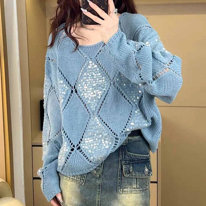 Women Clothing 2024 Spring Fashion Hollow Sequins Chic Knitted Sweater Female Casual Streetwear Long Sleeve Loose Pullover Tops