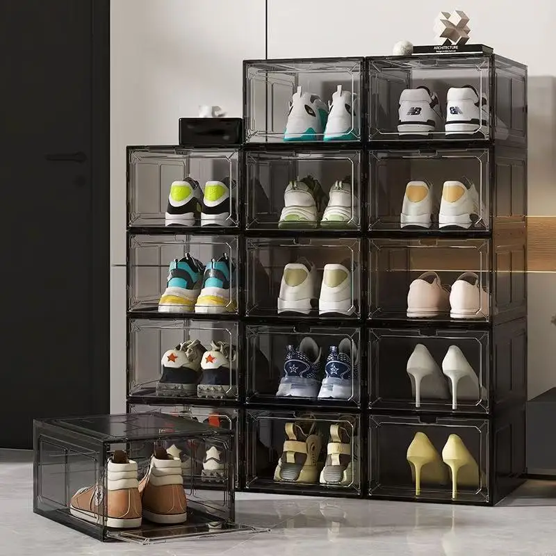 Extra Large Premium Sturdy Transparent Magnetic Side-Opening Stackable Shoe Box, Dustproof Hard Plastic Storage for Dormitory &