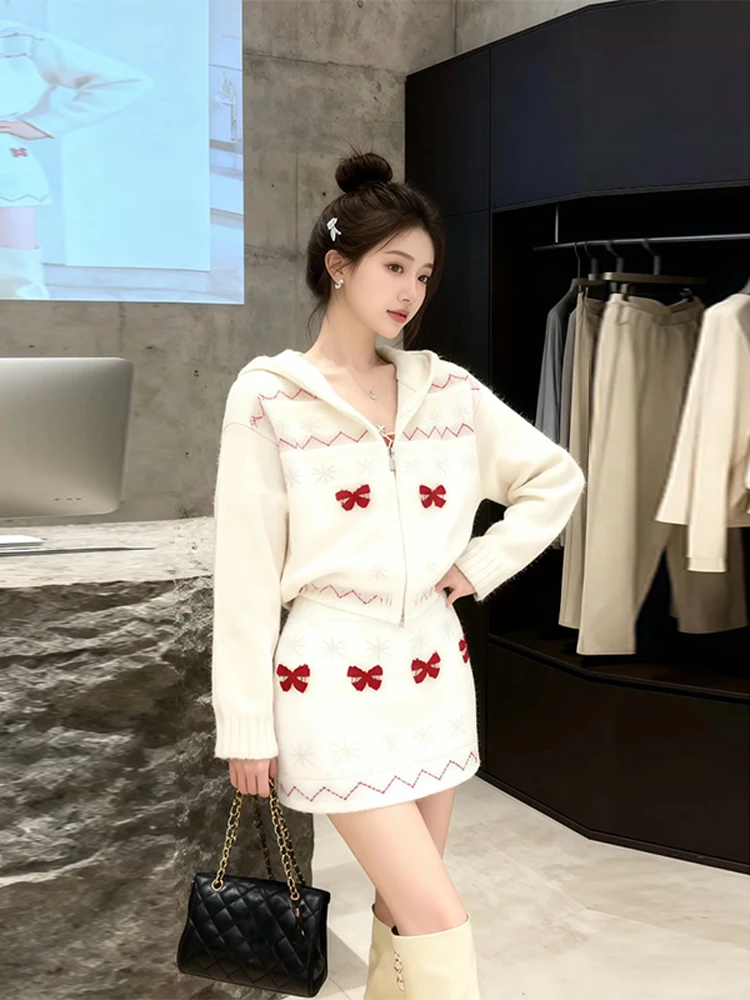 

Зимний вязаный комплект: свитер и юбка для женщин, мягкий, облегающий, корейский стиль, с завышенной талией, повседневный наряд с узлом