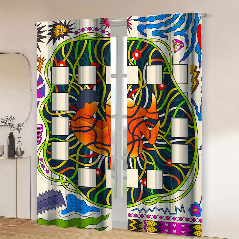 قطعتان من ستائر الفن التجريدي الحديثة مع جيب قضيب، طباعة هندسية متعددة الألوان وشفافة، ديكور غرفة المعيشة النابضة بالحياة #4